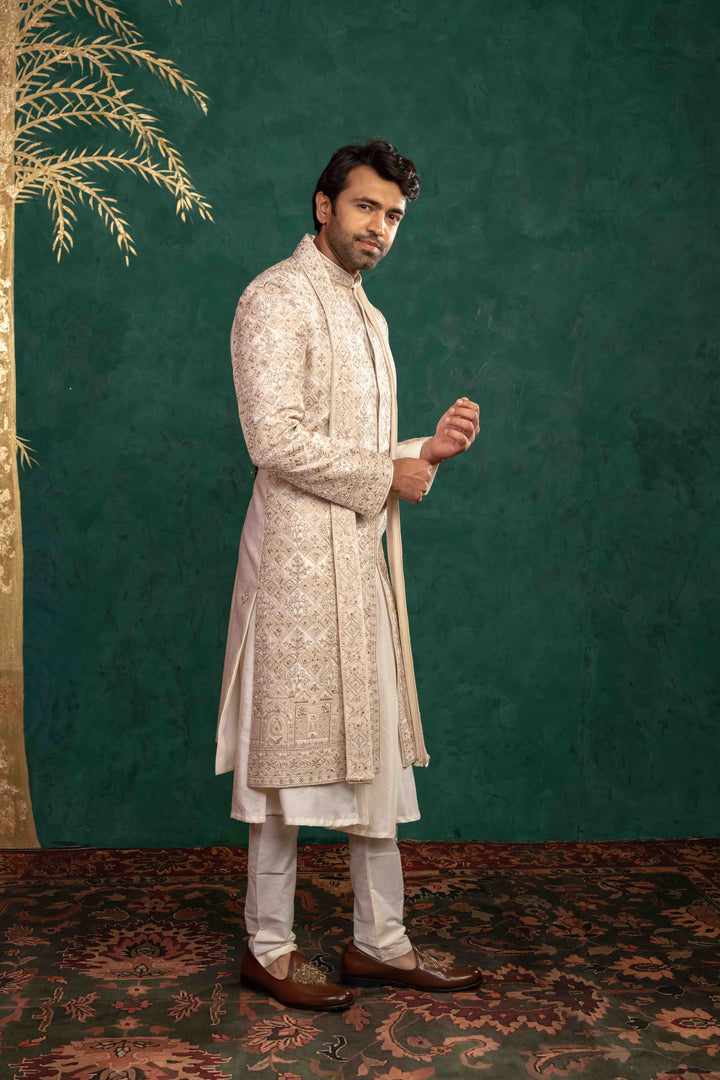 Ivory Manually Embroidered Sherwani Set