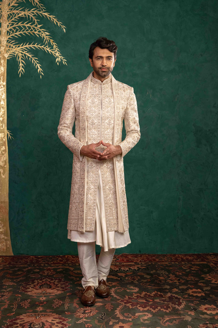 Ivory Manually Embroidered Sherwani Set
