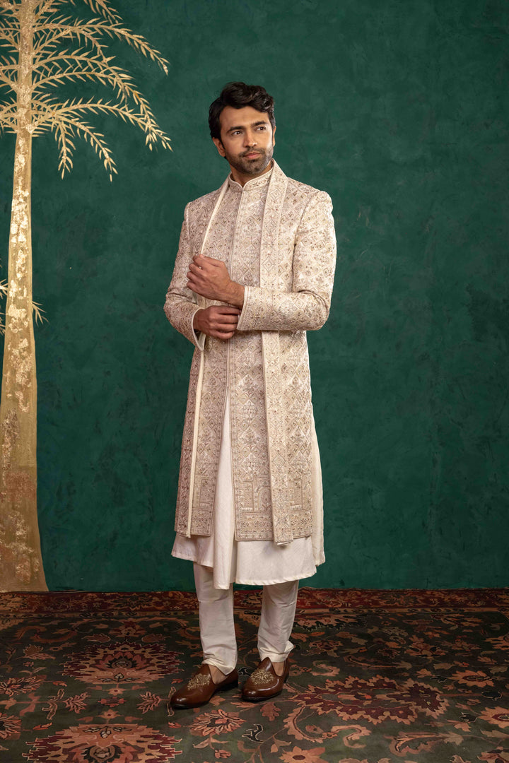 Ivory Manually Embroidered Sherwani Set