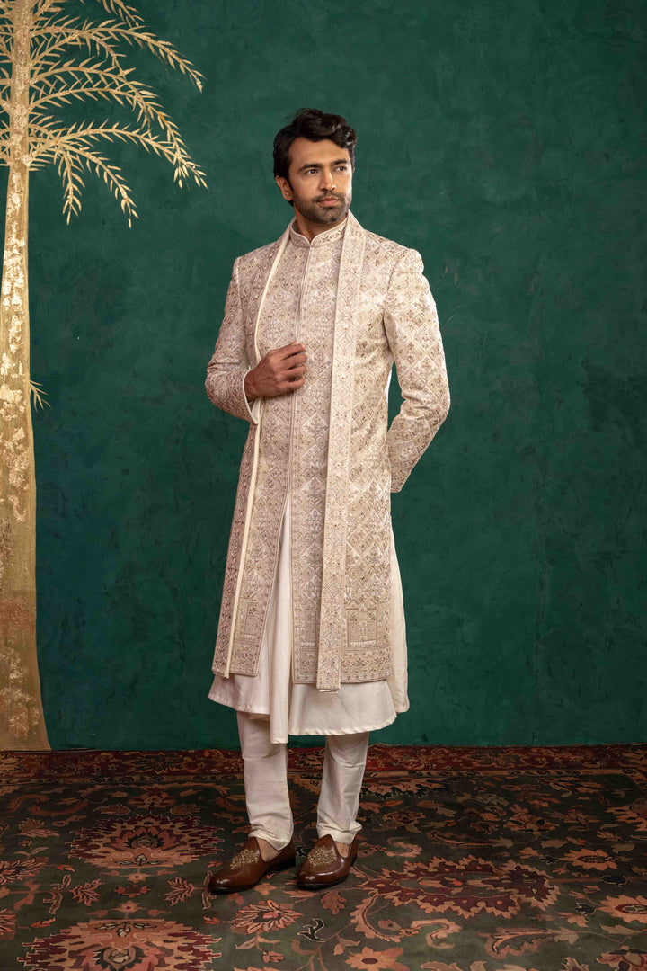 Ivory Manually Embroidered Sherwani Set