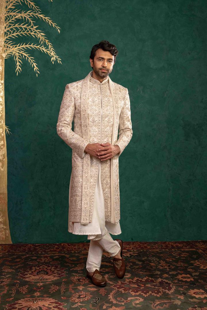 Ivory Manually Embroidered Sherwani Set