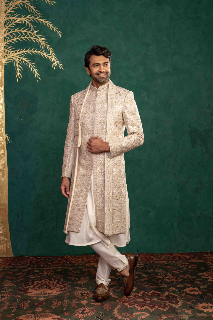 Ivory Manually Embroidered Sherwani Set