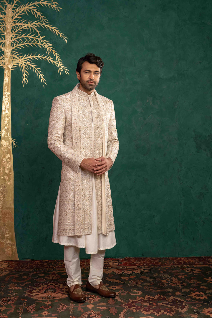 Ivory Manually Embroidered Sherwani Set
