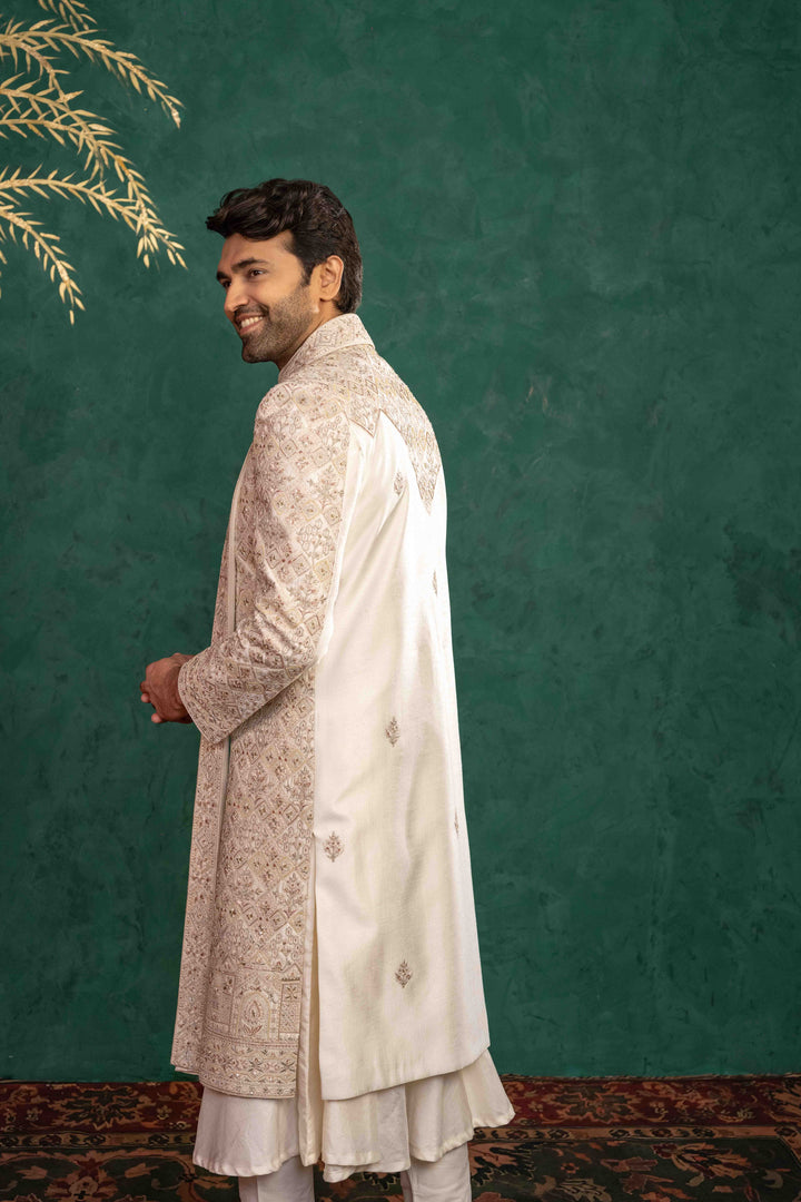Ivory Manually Embroidered Sherwani Set