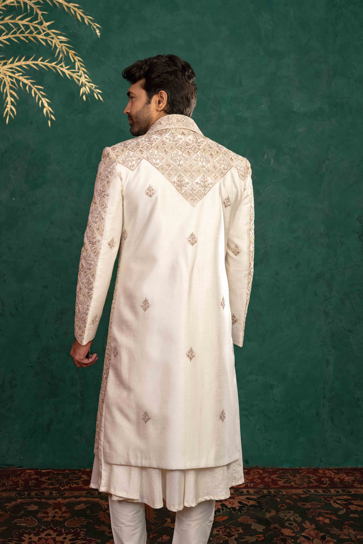 Ivory Manually Embroidered Sherwani Set