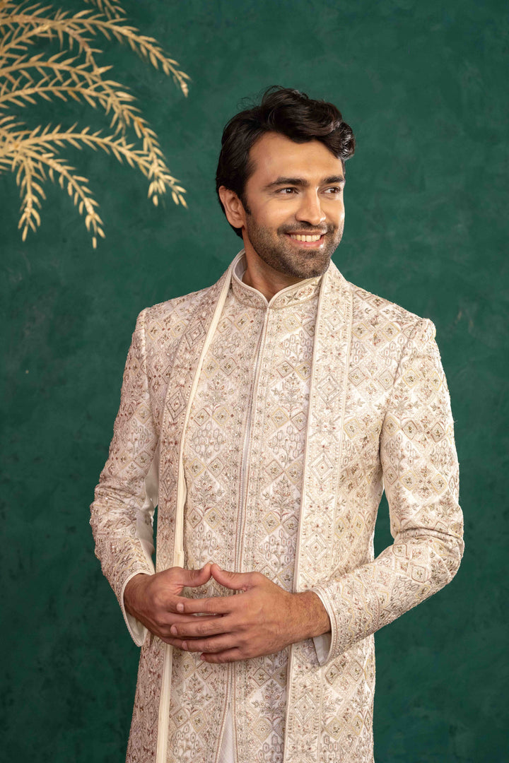 Ivory Manually Embroidered Sherwani Set