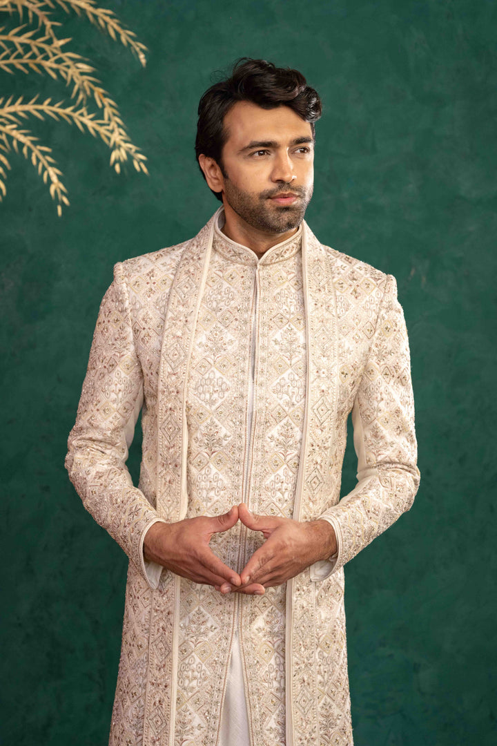 Ivory Manually Embroidered Sherwani Set