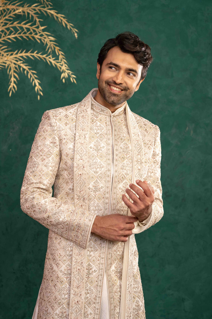 Ivory Manually Embroidered Sherwani Set