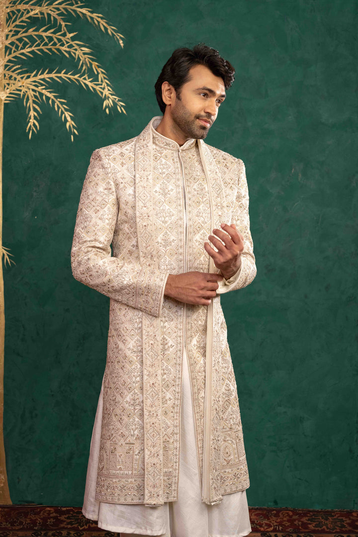 Ivory Manually Embroidered Sherwani Set