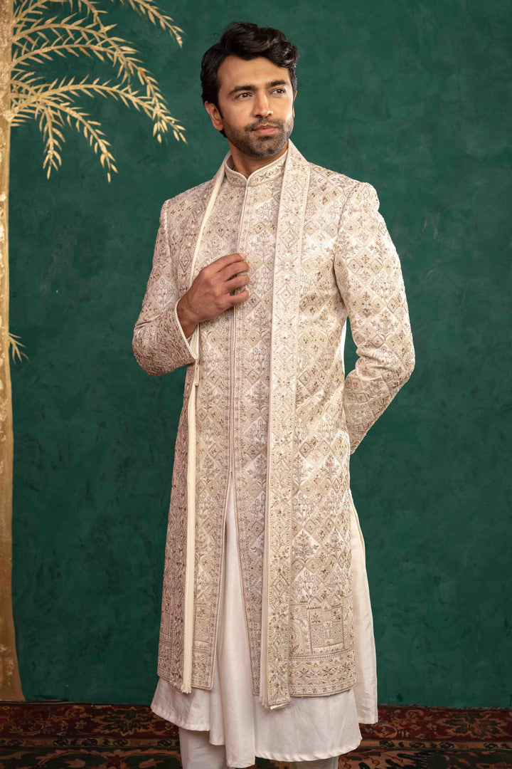 Ivory Manually Embroidered Sherwani Set