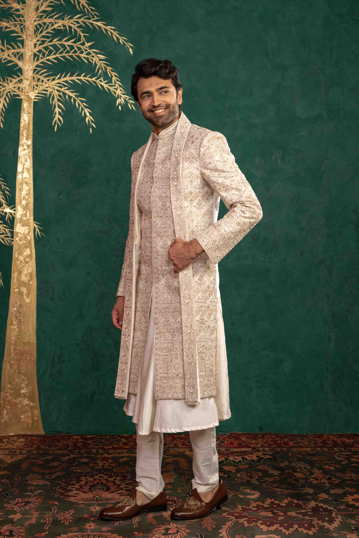 Ivory Manually Embroidered Sherwani Set