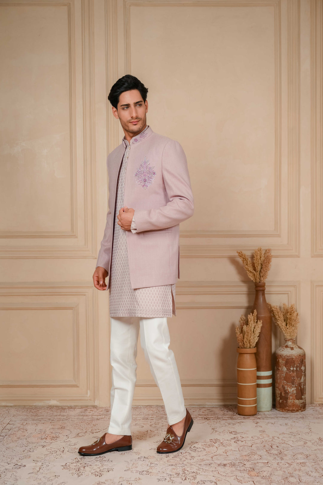 Lilac Jodhpuri Kurta Set with Hand Embroidery – Image 3