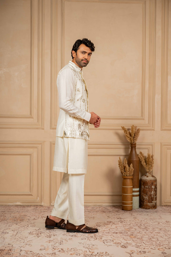 Off-White Jacket Kurta Set with Embroidery
