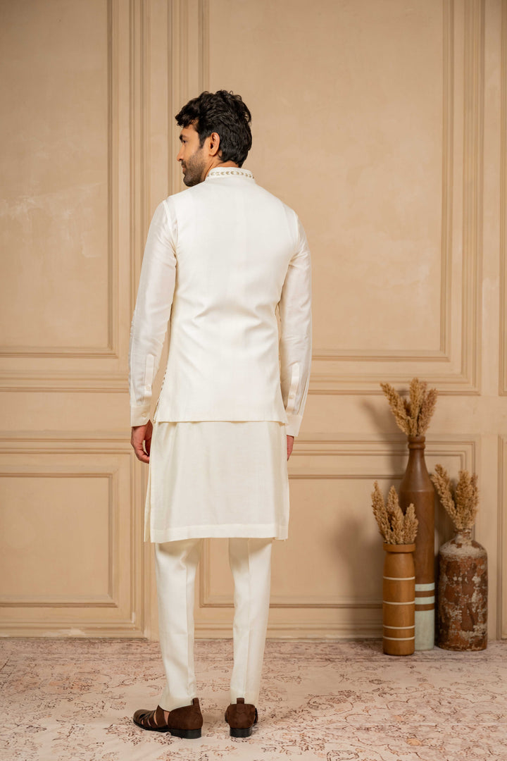 Off-White Jacket Kurta Set with Embroidery