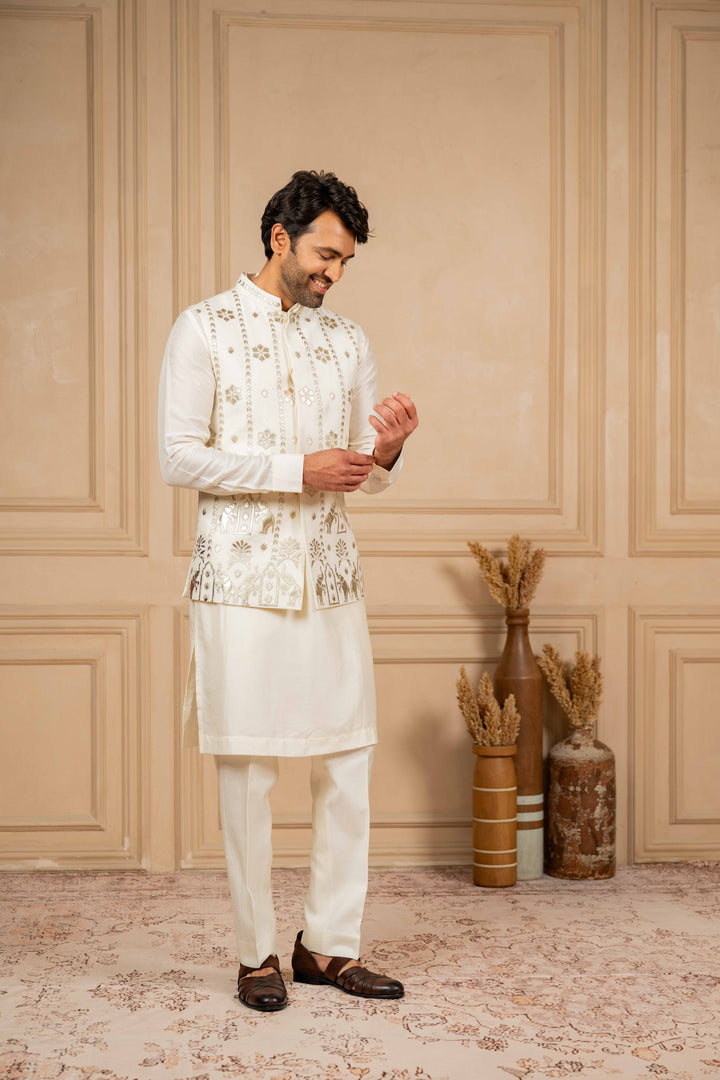 Off-White Jacket Kurta Set with Embroidery
