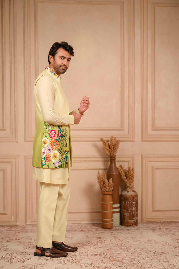 Ombre Long Jacket Set with Resham Embroidery