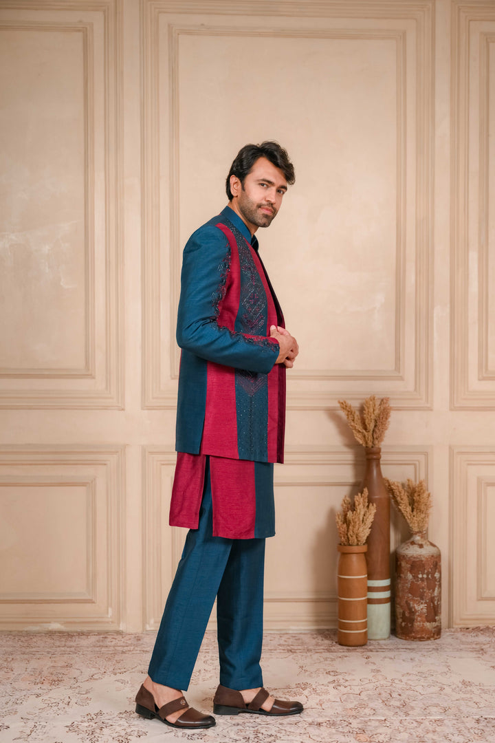 Oxford Blue And Red Jodhpuri Set