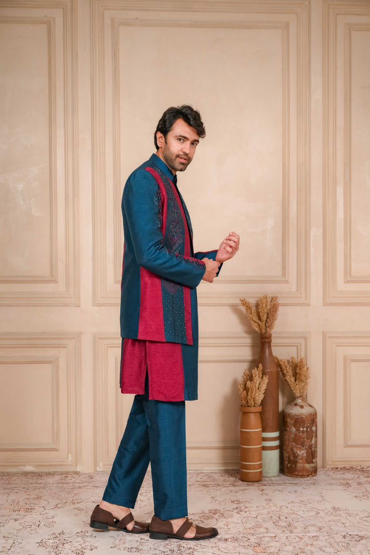 Oxford Blue And Red Jodhpuri Set