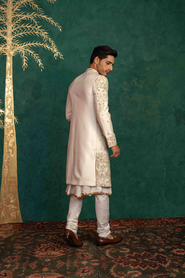 Pearl White Raw Silk Sherwani