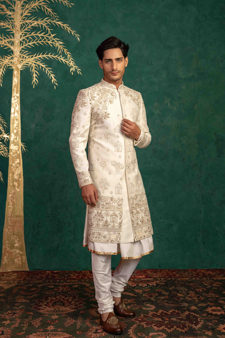 Pearl White Raw Silk Sherwani
