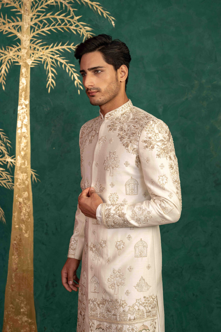 Pearl White Raw Silk Sherwani
