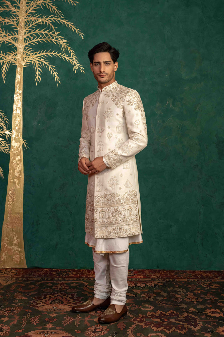 Pearl White Raw Silk Sherwani
