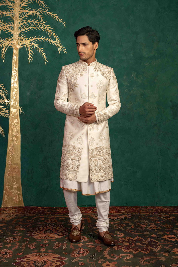 Pearl White Raw Silk Sherwani