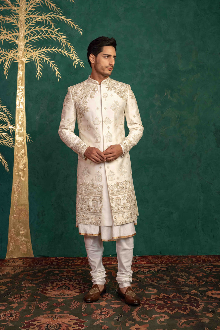Pearl White Raw Silk Sherwani