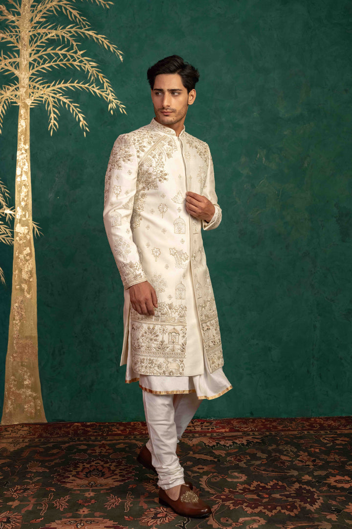 Pearl White Raw Silk Sherwani