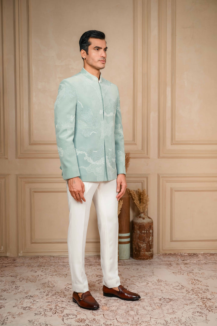 Sea Green Jodhpuri Jacket Set with Embroidery