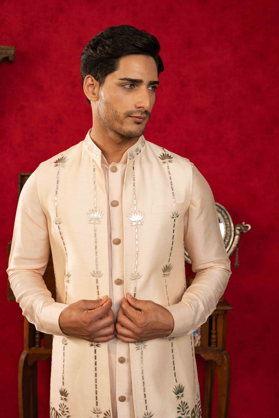 Soft Peach Foil Appliqué Jacket Set – Image 1