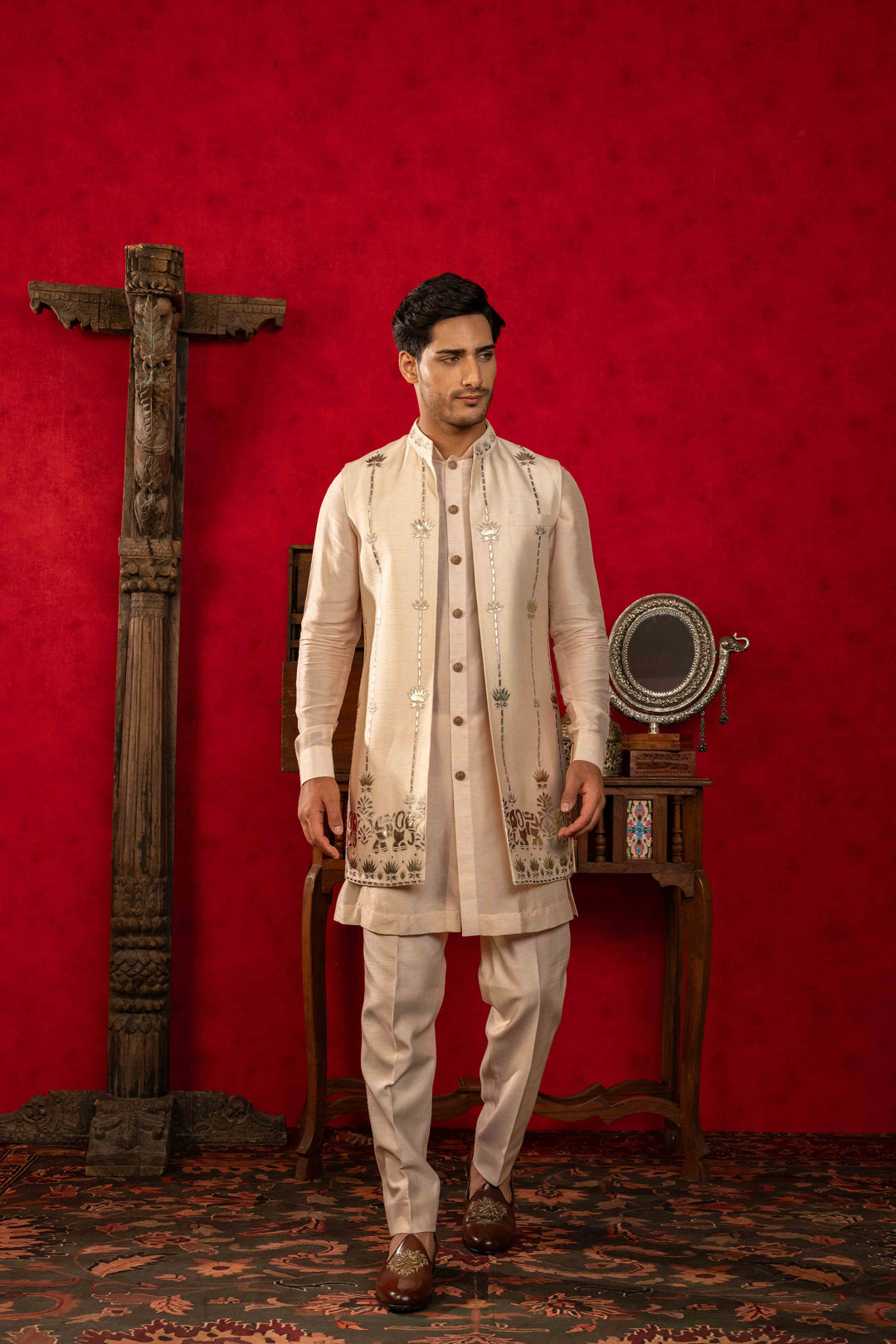 Soft Peach Foil Appliqué Jacket Set – Image 3