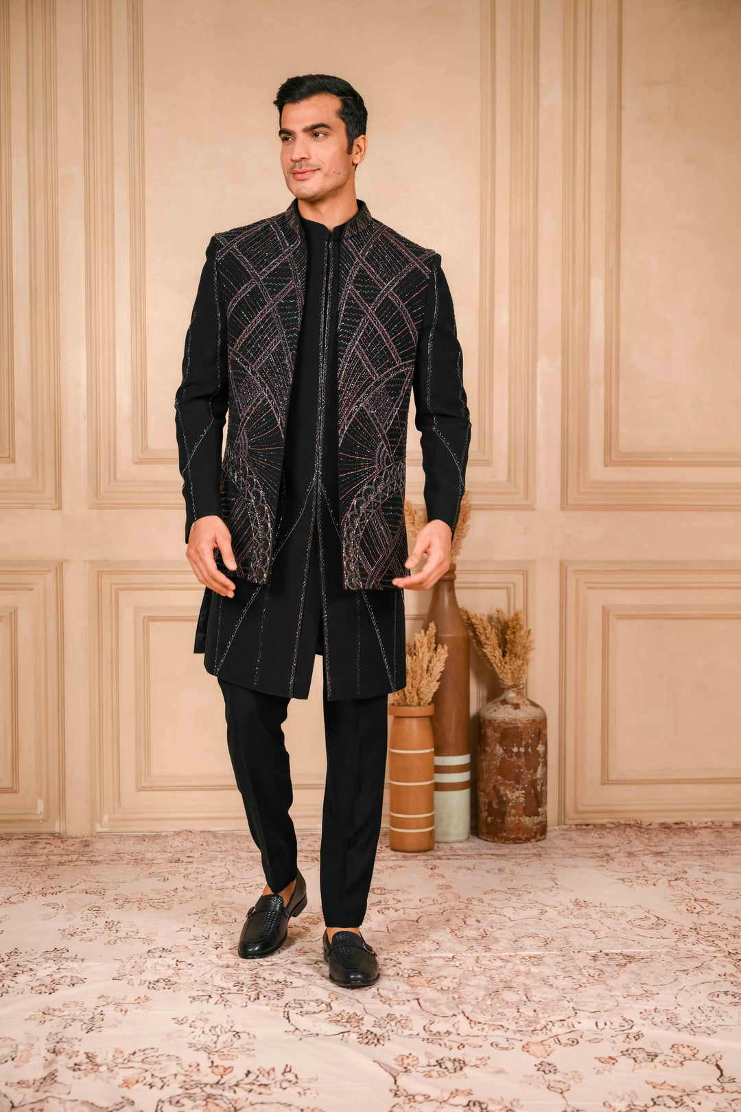 Deep Black Indo-Western Jacket Set Embroidered – Image 1