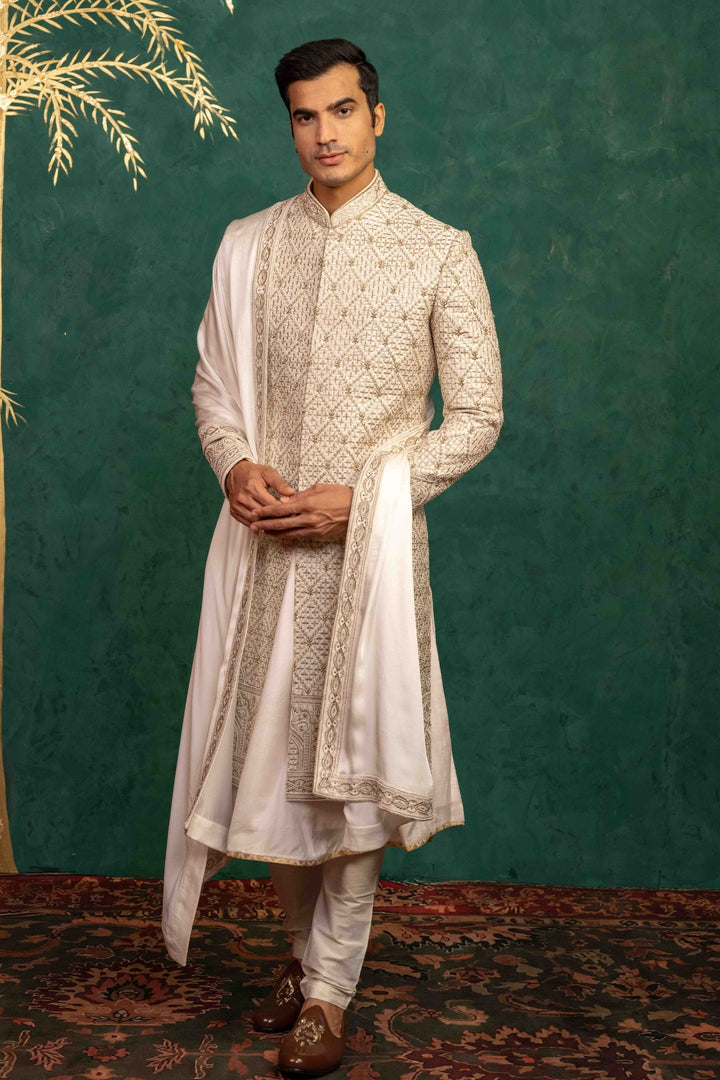 Ivory Raw Silk Sherwani