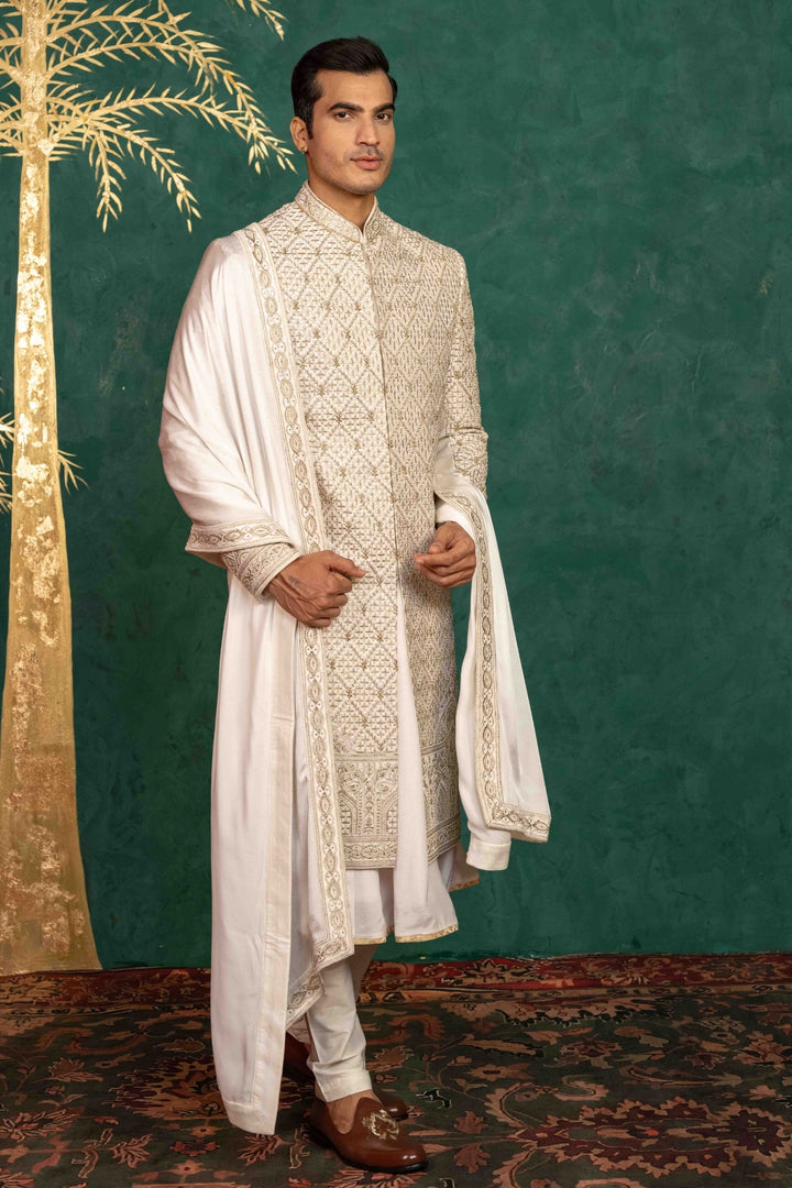 Ivory Raw Silk Sherwani