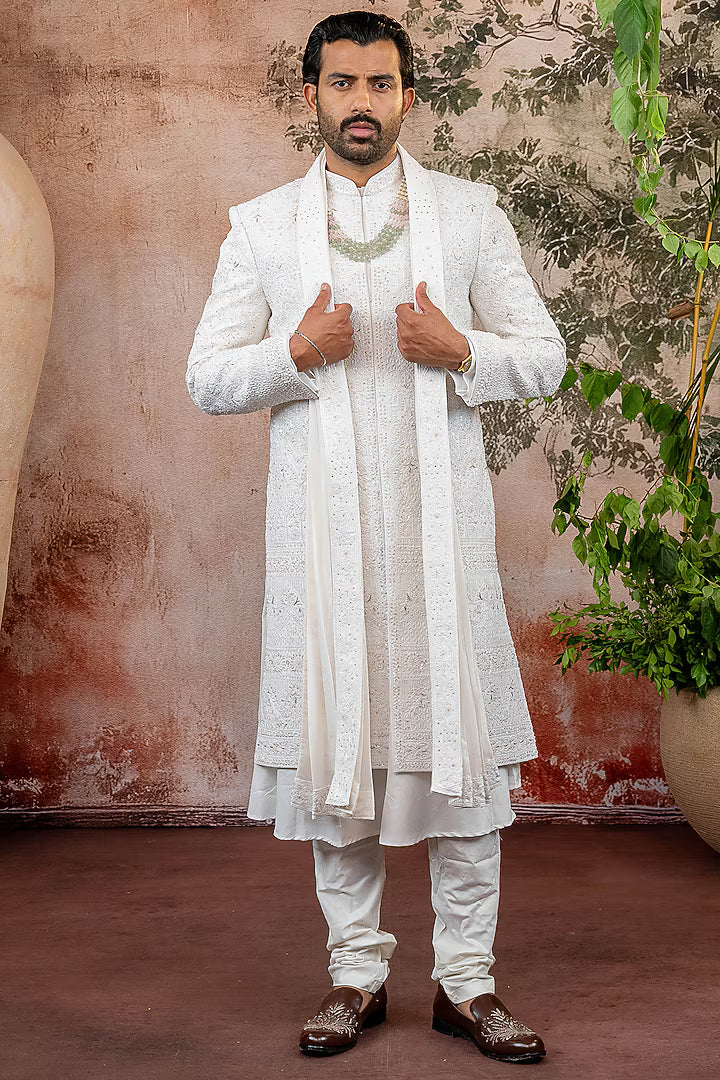 Ivory Raw Silk Thread Embroidered Sherwani Set – Image 1