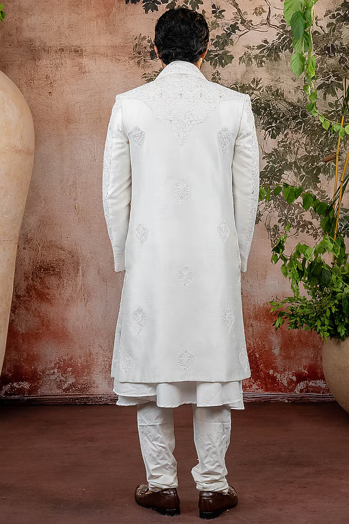 Ivory Raw Silk Thread Embroidered Sherwani Set
