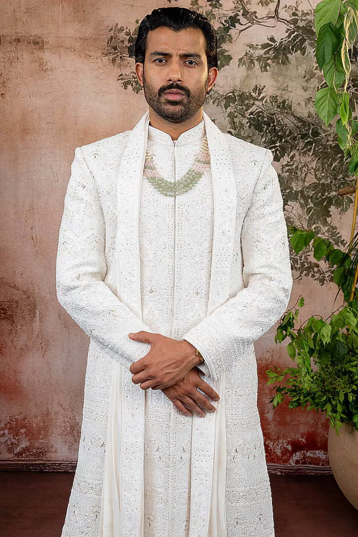 Ivory Raw Silk Thread Embroidered Sherwani Set – Image 2