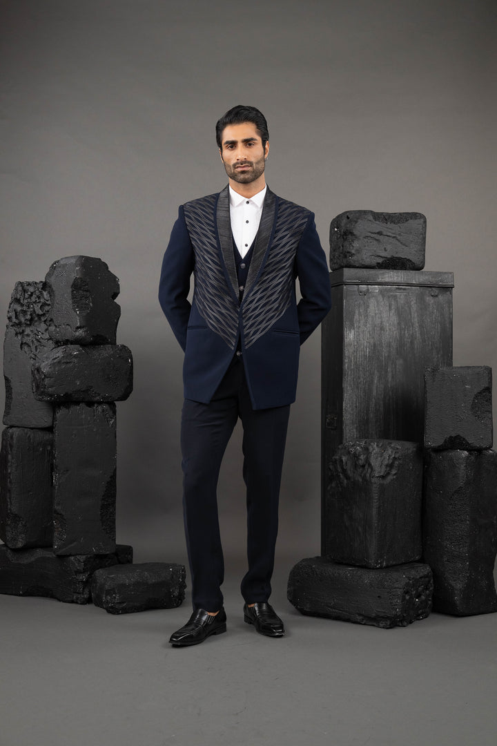 Blue Japanese Fabric Embellished Tuxedo Set