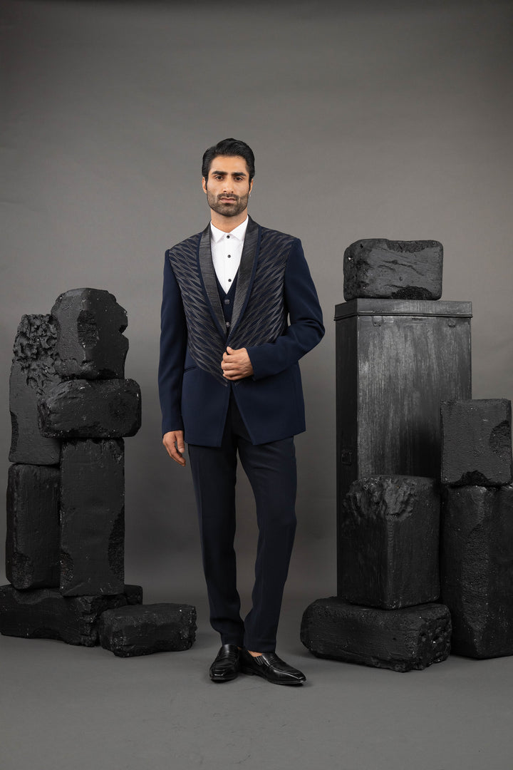 Blue Japanese Fabric Embellished Tuxedo Set