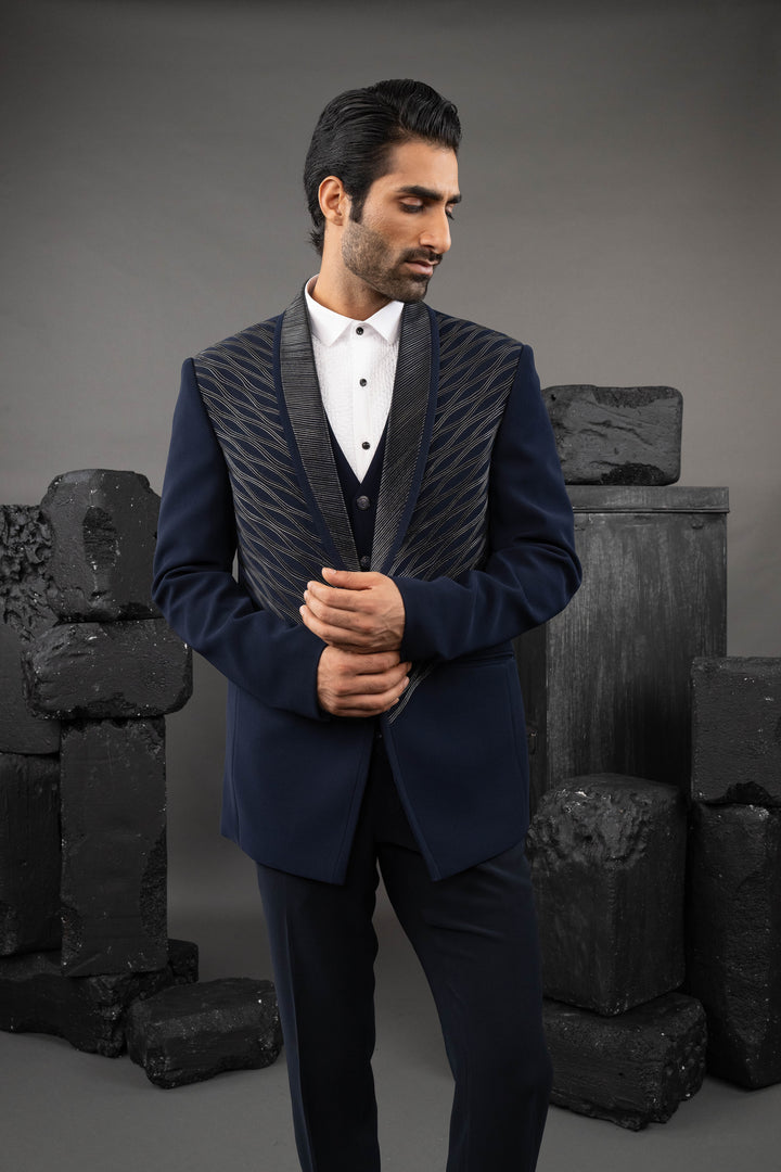 Blue Japanese Fabric Embellished Tuxedo Set