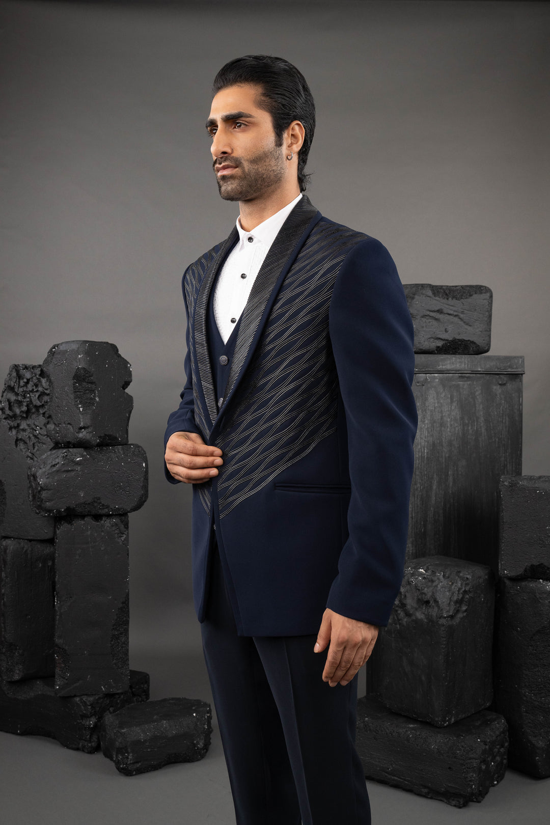 Blue Japanese Fabric Embellished Tuxedo Set – Image 4
