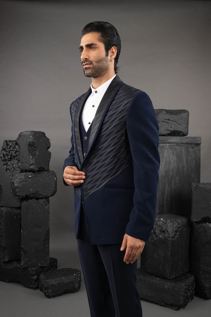 Blue Japanese Fabric Embellished Tuxedo Set