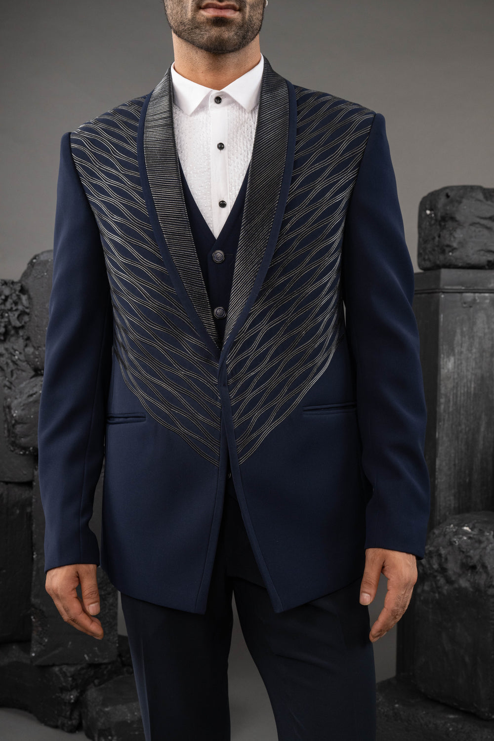Blue Japanese Fabric Embellished Tuxedo Set