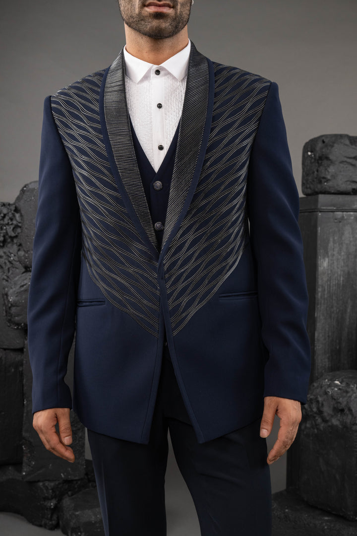 Blue Japanese Fabric Embellished Tuxedo Set