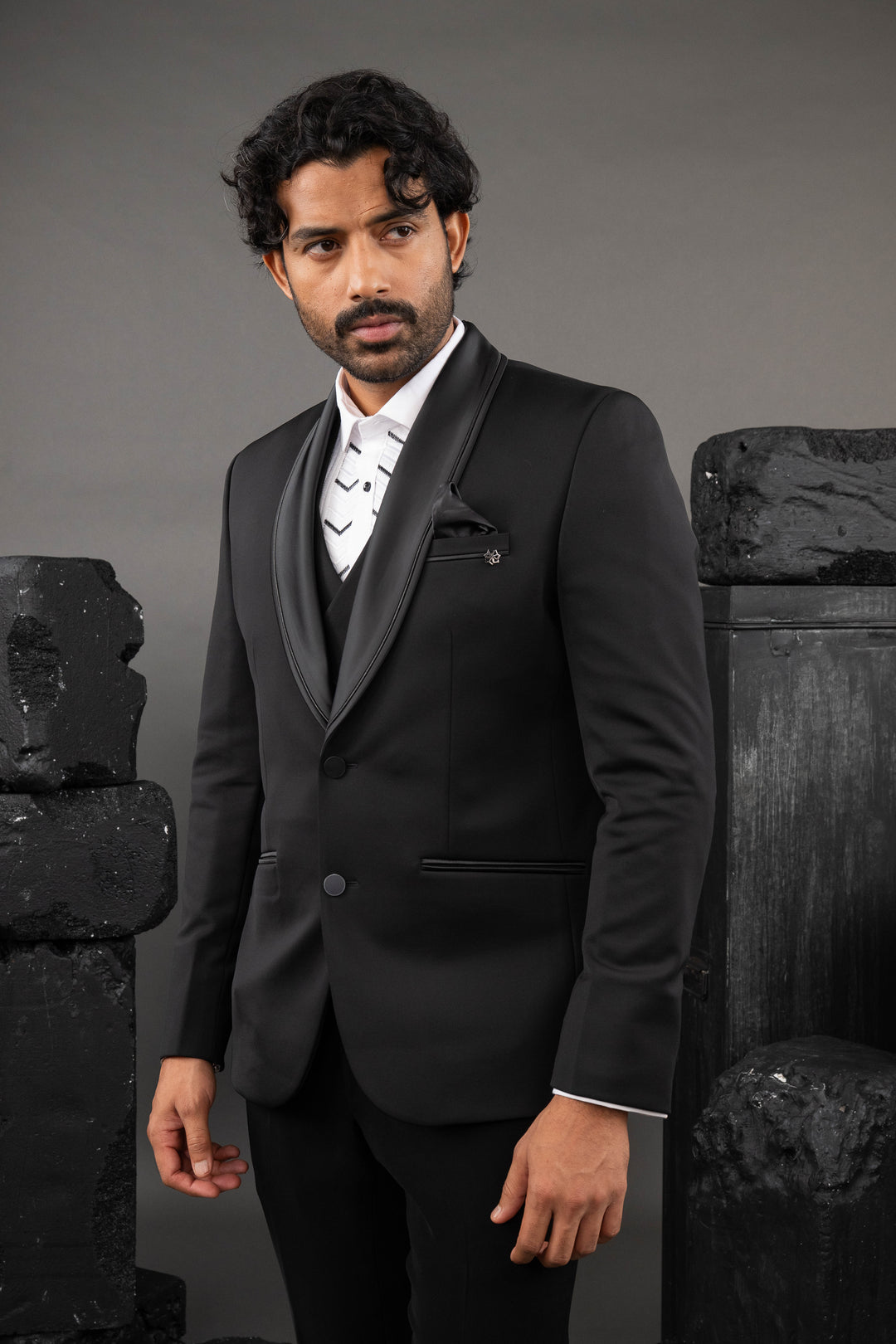 Blue Japanese Fabric Embellished Tuxedo Set