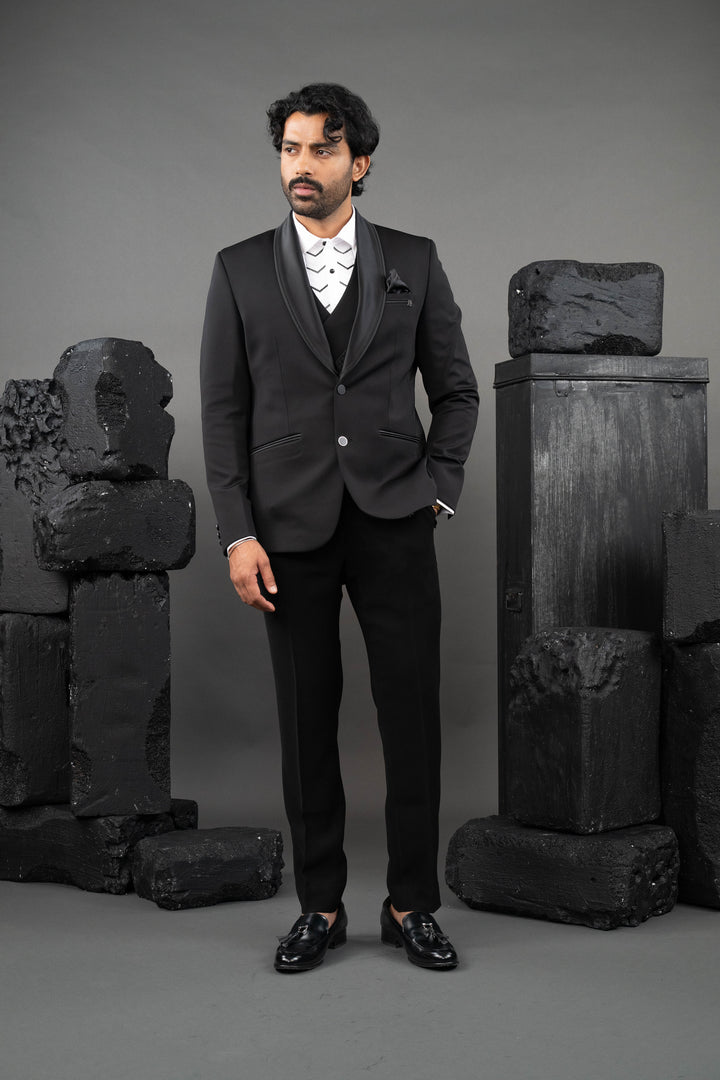 Blue Japanese Fabric Embellished Tuxedo Set