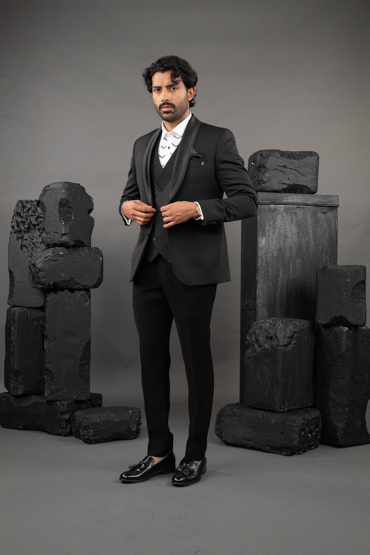 Blue Japanese Fabric Embellished Tuxedo Set