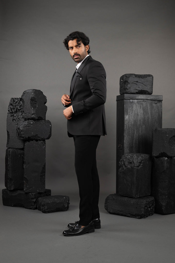 Blue Japanese Fabric Embellished Tuxedo Set