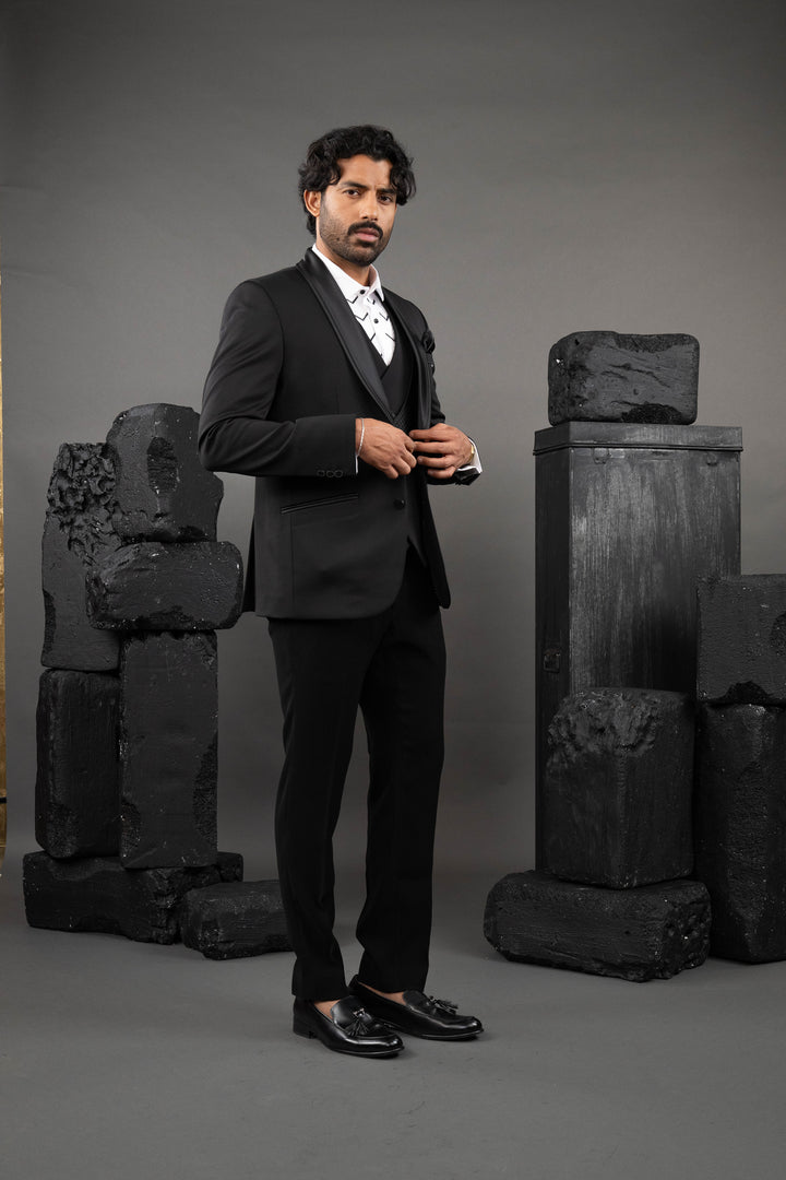 Blue Japanese Fabric Embellished Tuxedo Set